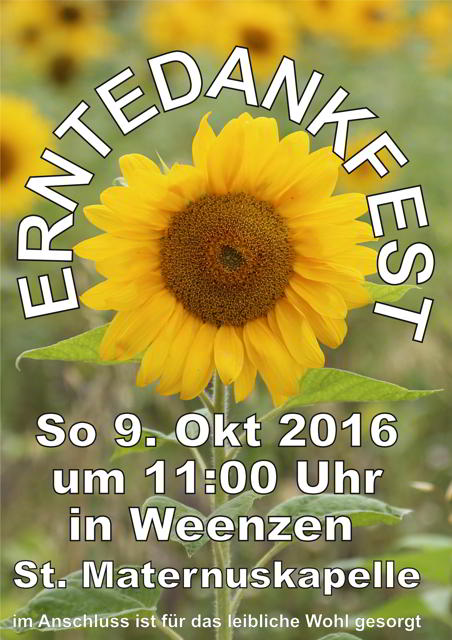 Einladung zum Erntedankfest in Weenzen am 9.10.2016 um 11 Uhr