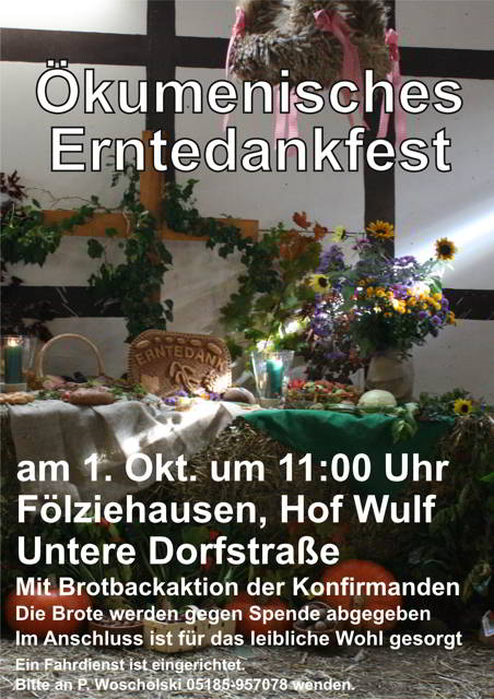 Einladung zum ökumenischen Erntedankfest in die Scheune am 1.Oktober um 11 Uhr