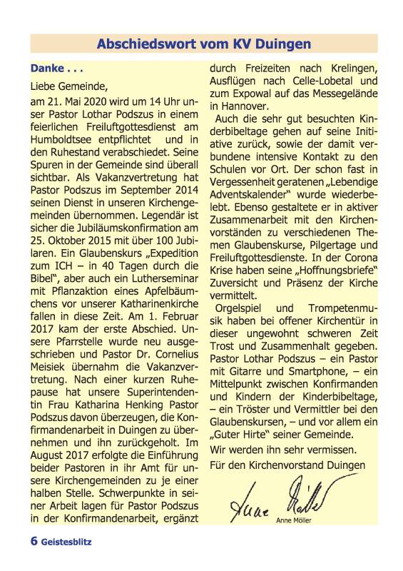 Gemeindebrief Juni 2020 - August 2020