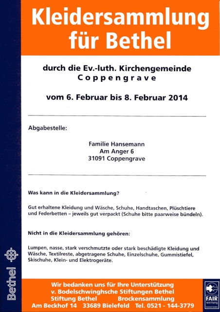 Hinweise zur Kleidersammlung für Bethel am 6.-8. Februar