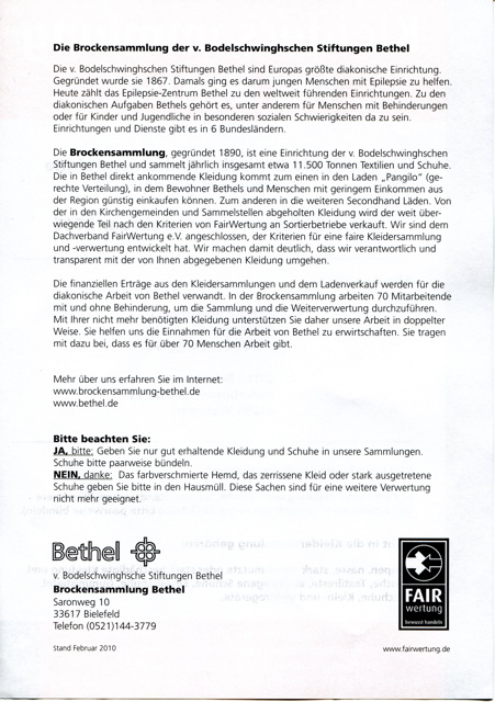 Kleidersammlung für Bethel nächste Woche vom 3. - 9. Februar