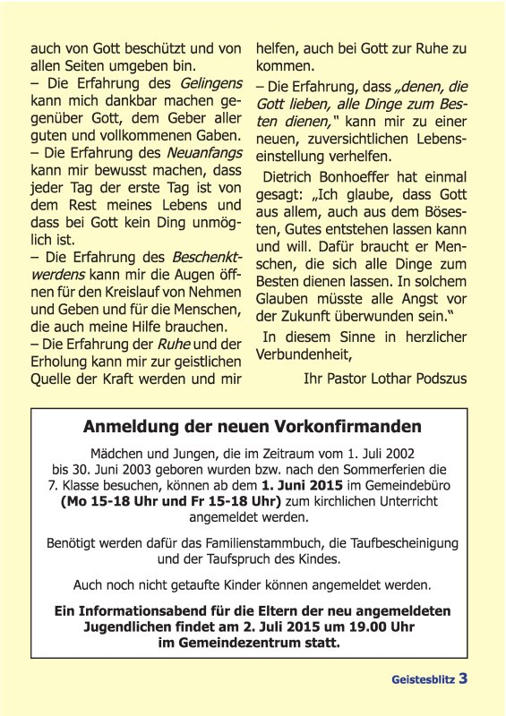 Gemeindebrief Juni 2015 - August 2015