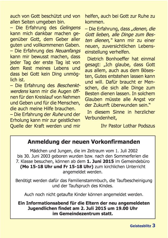 Gemeindebrief Juni 2015 - August 2015