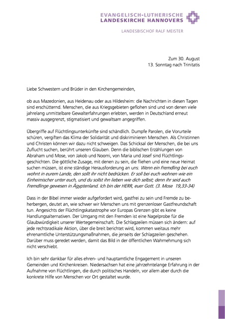 Wort von Landesbischof Ralf Meister an die Gemeinden