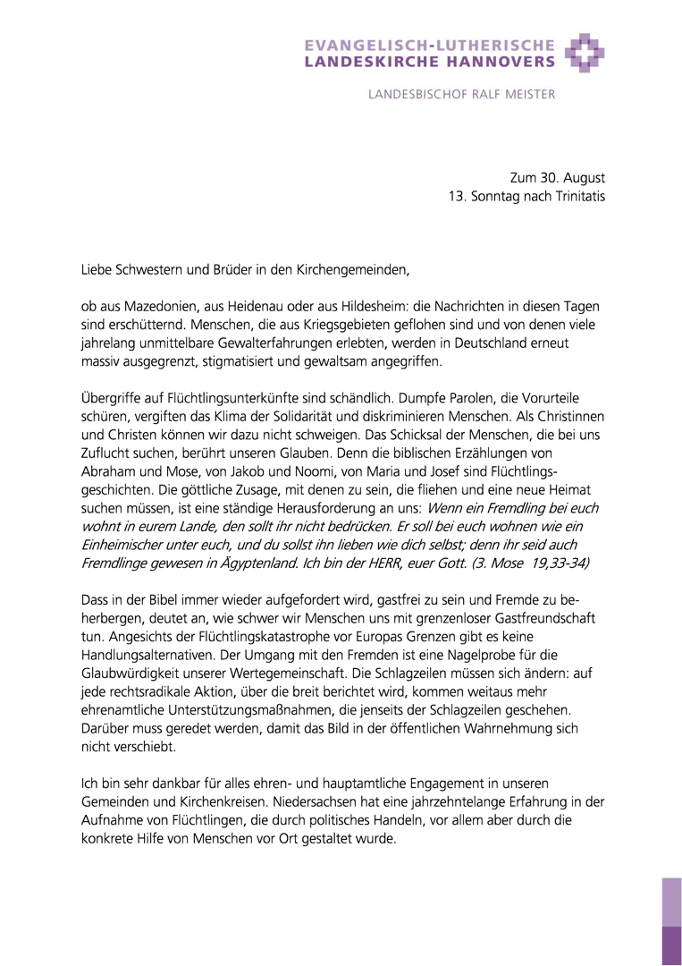 Wort von Landesbischof Ralf Meister an die Gemeinden