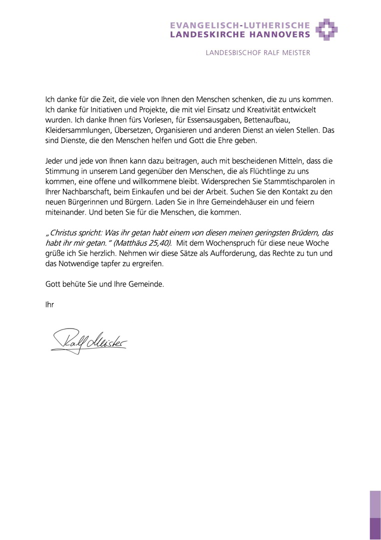 Wort von Landesbischof Ralf Meister an die Gemeinden