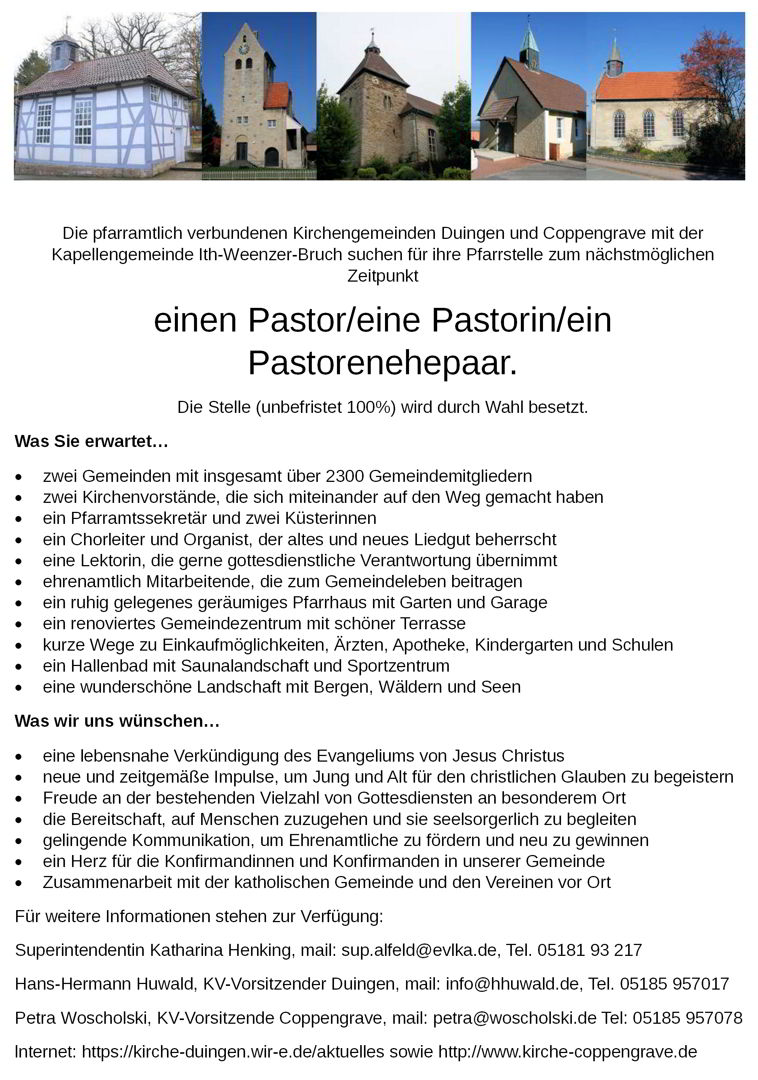 Die Kirchengemeinden Coppengrave und Duingen schreiben die Stelle für einen Pastor, eine Pastorin,  ein Pastorenehepaar aus