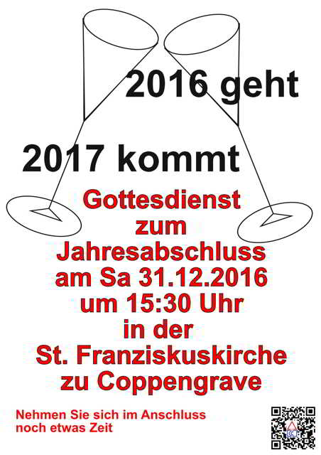 Einladung zum Jahresabschluss-Gottesdienst am 31.12.2016 um 15:30 Uhr