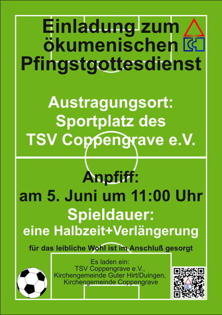 Ökumenischer Pfingstgottesdienst am Montag 5. Juni auf dem Sportplatz des TSV Coppengrave e.V.