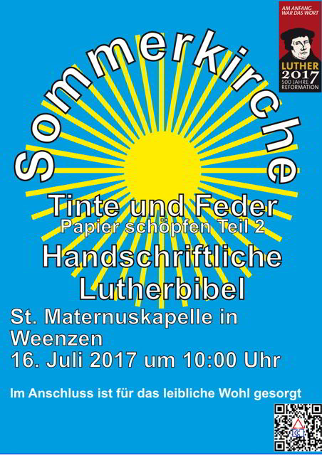 Einladung zur Sommerkirche mit Tinte und Feder am 16. Juli um 10:00 Uhr in Weenzen