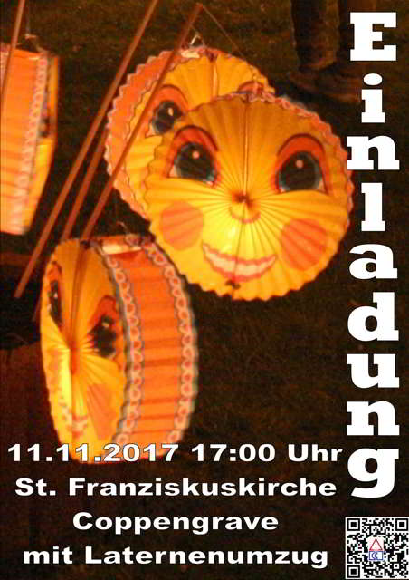 Einladung zur Martinsandacht mit Laternenumzug am 11.11. um 17Uhr an der St,. Franzisksukirche