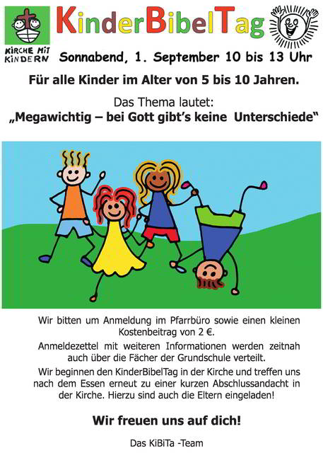 Einladung zum Kinderbibeltag am 1. September von 10-13 Uhr