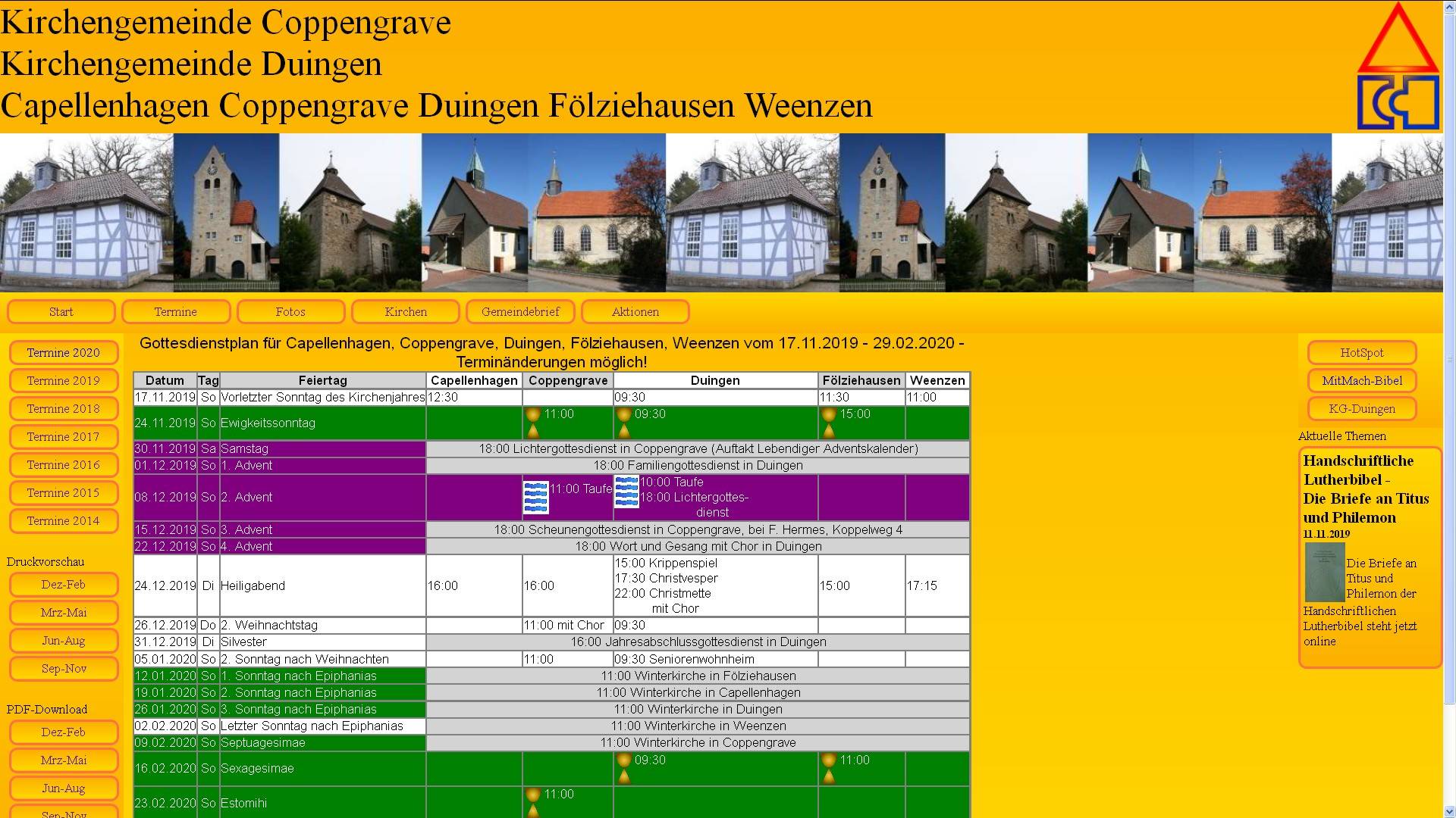 Neuer Gottesdienstplan bis Ende Februar 2020