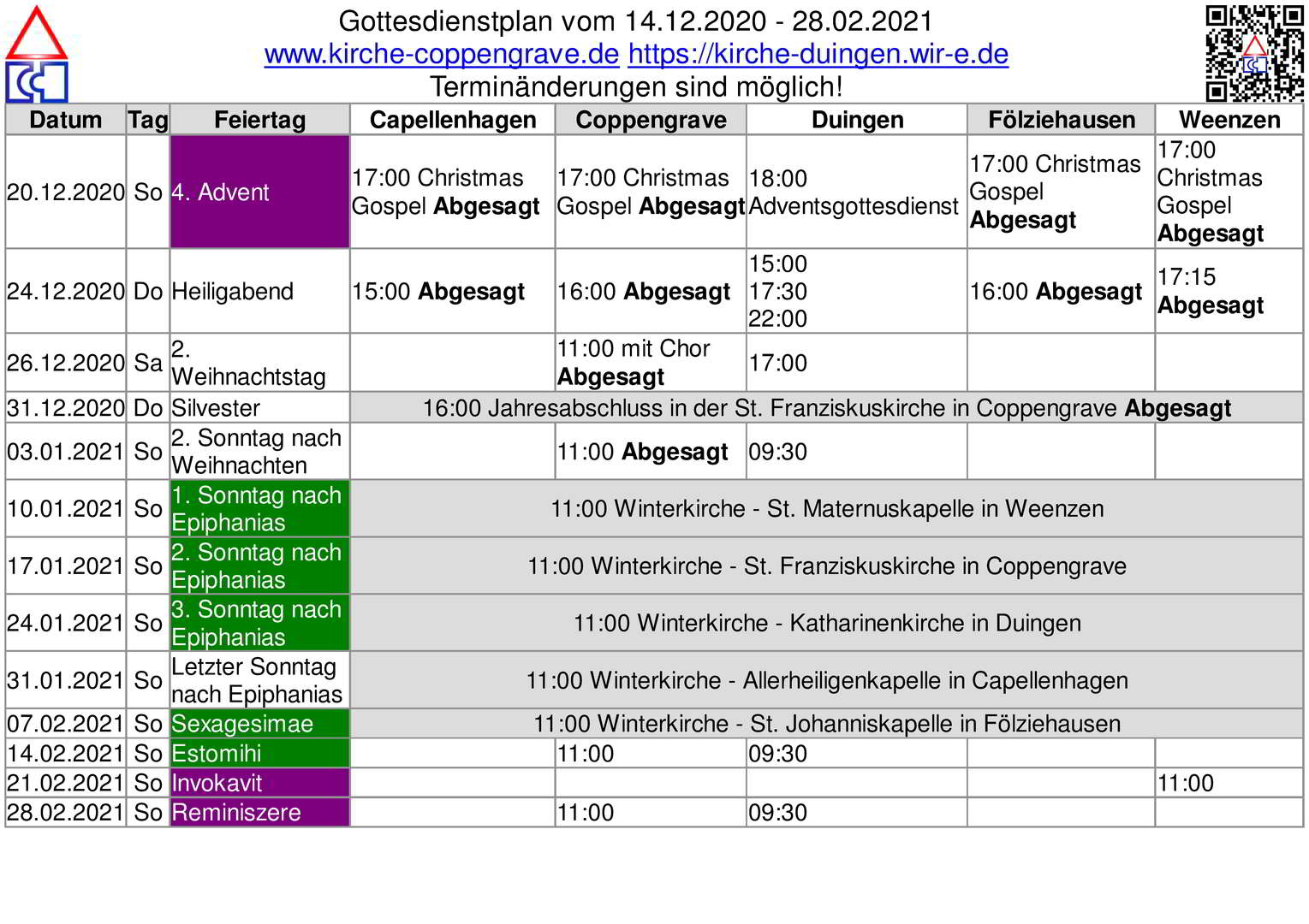 Aktualisierter Terminplan