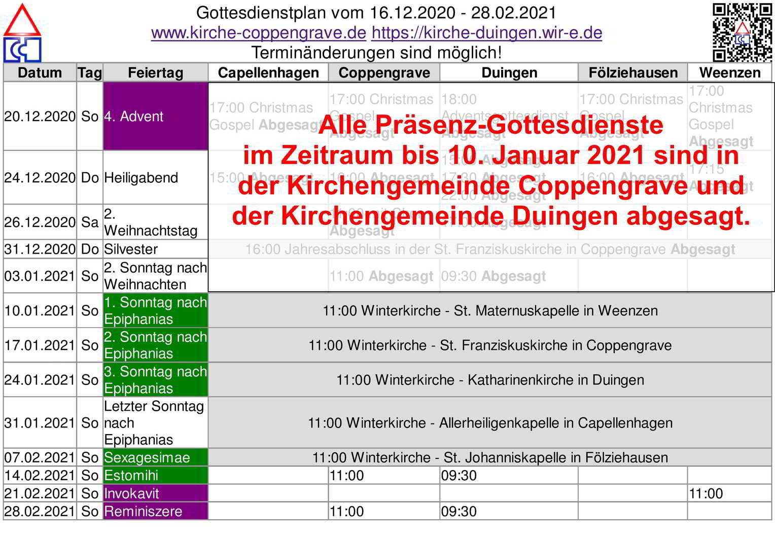 Kirchengemeinde Duingen sagt Gottesdienste über Weihnachten ab - Aktualisierter Terminplan