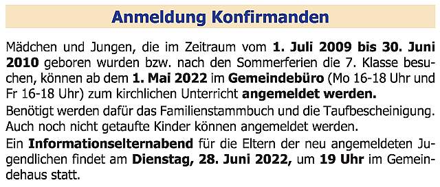 Vorabankündigung Anmeldung Konfirmanden