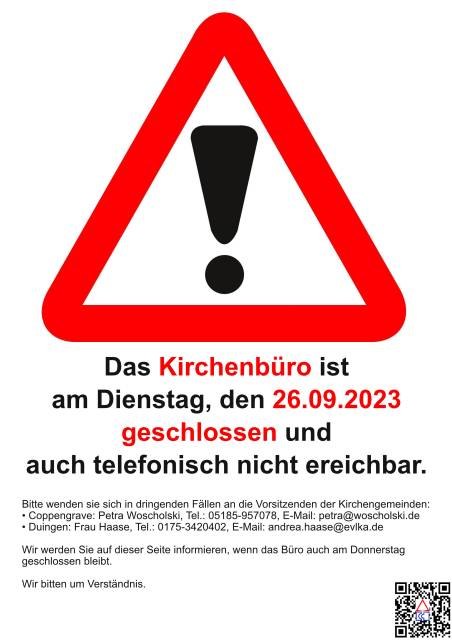 +++ Das Kirchenbüro ist am Di 26.09.2023 geschlossen +++